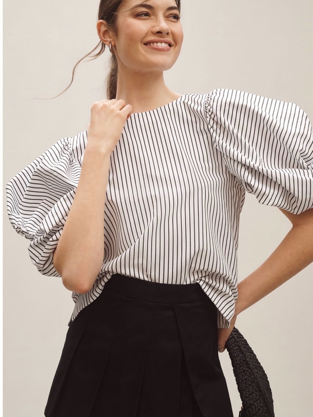 Maeve Black-and-White Striped Puff-Sleeve Blouse